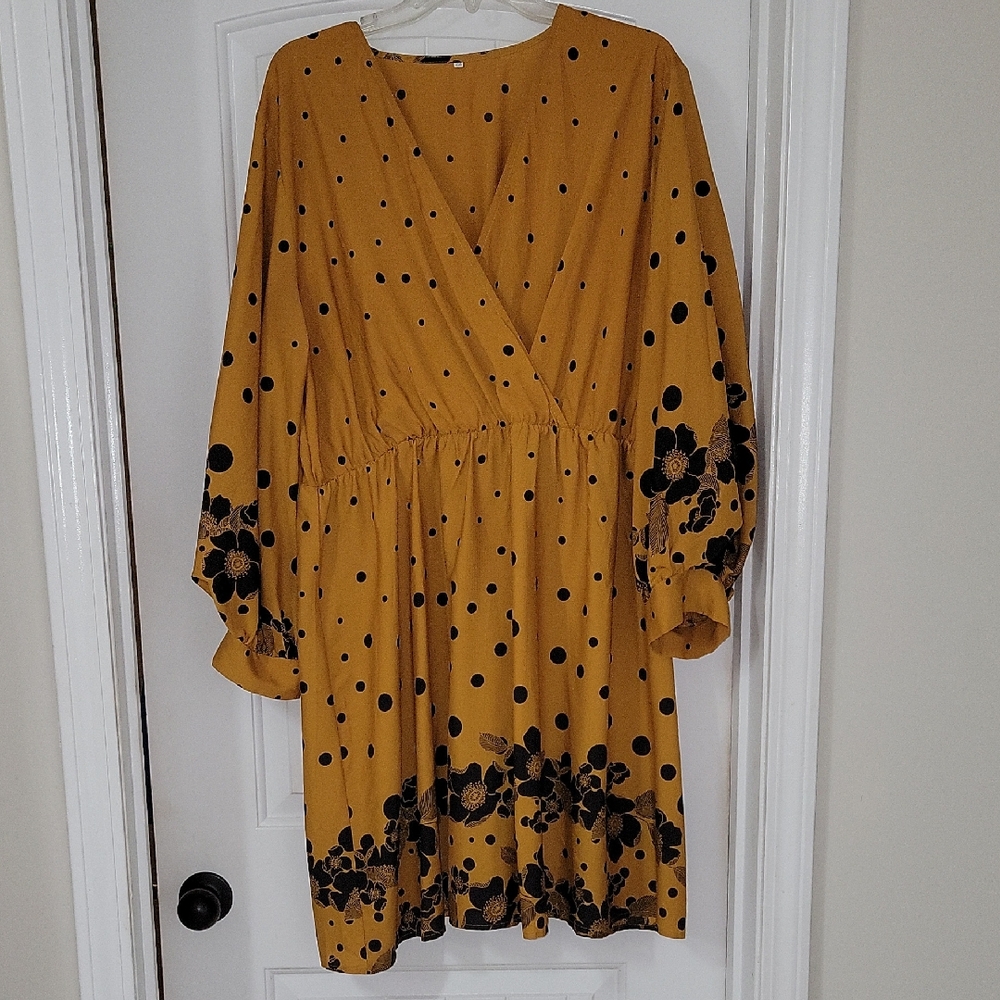 Mustard Yellow and Black Floral Midi Dress